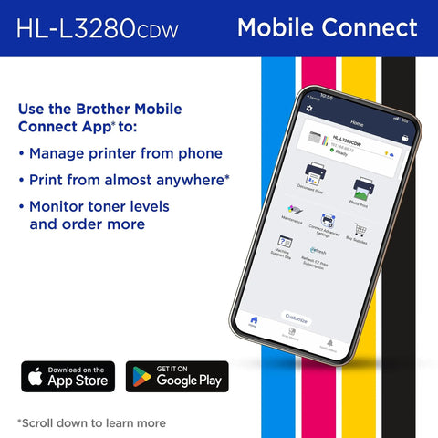 Mobile display showing Brother Mobile Connect app for Wireless Color Laser Printer With Duplex Printing, Compact Design.