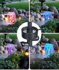 Pond Filter With Pump And Fountain Kit With RGB Light For Outdoor Ponds showing three water patterns in garden pond decor