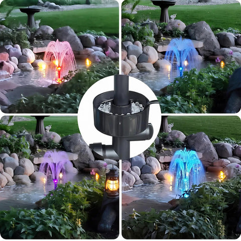 Pond Filter With Pump And Fountain Kit With RGB Light For Outdoor Ponds showing three water patterns in garden pond decor