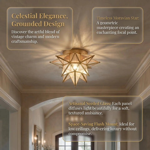 Moravian Star Flush Mount Ceiling Light With Seeded Glass Shade 12.8 Inch Gold Brass Fixture Dope Modern Hallway Bedroom Kitchen Lighting ETL Listed Handcrafted Star Shaped Glass Durable Brass Housing shown illuminated in hallway.