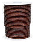 Genuine Round Leather String Cord One Point Five Mm Long Distressed Antique Brown Soft And Tough Water Resistant Twine on spool.