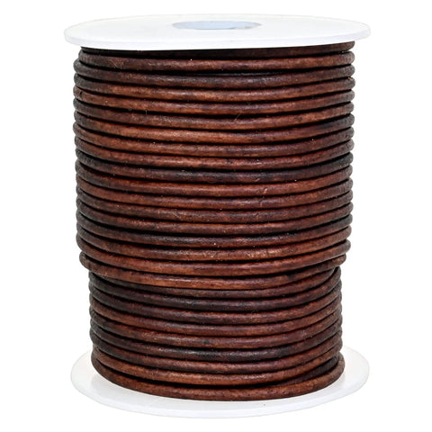 Genuine Round Leather String Cord One Point Five Mm Long Distressed Antique Brown Soft And Tough Water Resistant Twine on spool.