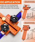 Front view of orange Thin Rip Jig with black knobs and ruler for narrow-strip table saw ripping.