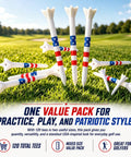 Various sizes of Pro Grade Golf Tees 3-1/4 Inch With 4 Prong Grip Reducing Friction displayed on grass, highlighting USA-inspired colors.