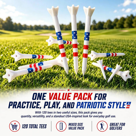 Various sizes of Pro Grade Golf Tees 3-1/4 Inch With 4 Prong Grip Reducing Friction displayed on grass, highlighting USA-inspired colors.