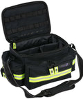 Mid Sized First Responder EMT Bag Fully Stocked With 200 Plus BLS Supplies Black Field Ready Emergency Medical Kit For Real World Medical Emergencies Everywhere open black nylon bag with reflective trim and shoulder strap