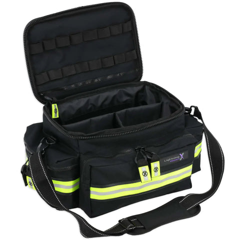 Mid Sized First Responder EMT Bag Fully Stocked With 200 Plus BLS Supplies Black Field Ready Emergency Medical Kit For Real World Medical Emergencies Everywhere open black nylon bag with reflective trim and shoulder strap