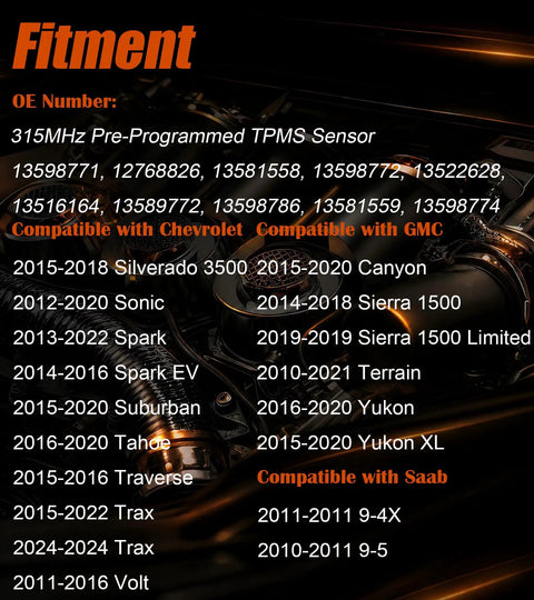 Fitment details for Straight Up Keep Your Setup Tight With This Fresh Set Of Four Preprogrammed TPMS Tire Pressure Monitoring Sensors At 315Mhz.