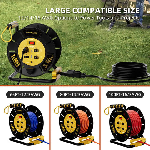 Open Cord Reel Organizer With Four Grounded Outlets And Dual USB Ports For Charging Up To Six Devices, Yellow, on grass