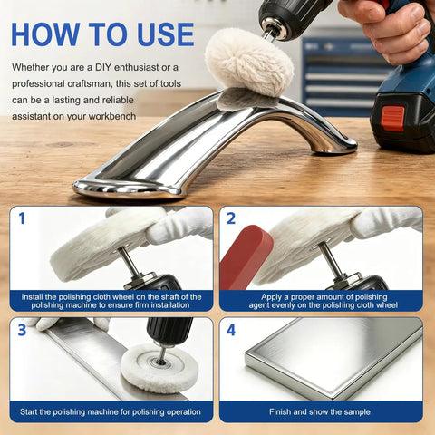 Get That Fresh Look With 16 Piece Aluminum Polishing Kit For Drills And Buffing Wheels in use on shiny metal surface.