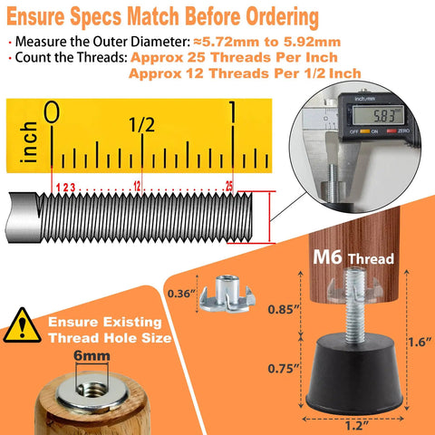 M6 Thread measurements showing adjustable leveling glides and specifications for Kick It Up With Dead Simple M6 Thread Furniture Leveling Feet Screw In Adjustable Glides Rock Solid Table Chair Levelers No Sweat Easy Install Hella Sturdy Floor Pads For Cabinets 8 Pack.