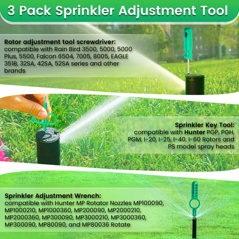 Three Pack Sprinkler Adjustment Tool Set For Rain Bird 5000 And Hunter PGP MP Heads in use on lawn sprinkler