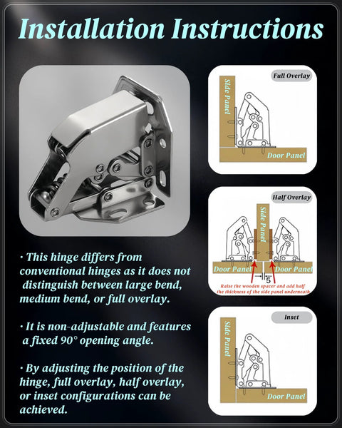 Image of No Cup Hole Needed 4 Pack Soft Close Concealed Cabinet Hinges with Installation Instructions for Overlay and Inset Doors.
