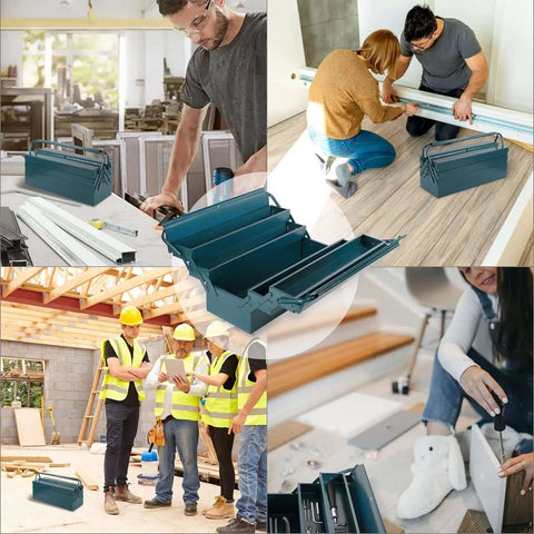 17 Inch Cantilever Tool Box With 5 Trays shown in various workshop settings for organizing tools efficiently in garages and DIY spaces.