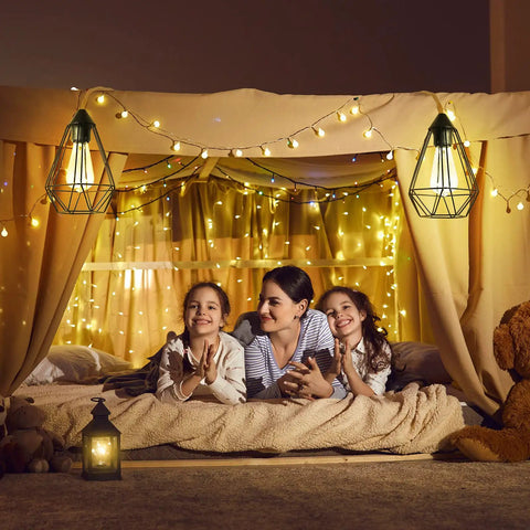 Family enjoying cozy ambiance under Six Pack 15 Feet Pendant Light Cord Kit With Twisted Nylon Rope And Plug In Switch E26 Socket Vintage Ceiling Hangin Lights For Kitchen Farmhouse Bedroom DIY Decor Easy To Install And Customize Length For Your Lamps And Lighting Projects