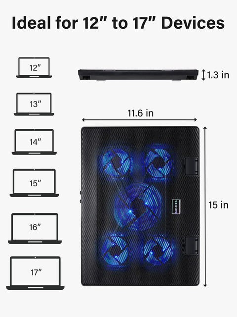 Whisper Quiet Laptop Cooling Pad With Five Fans For 12 To 17 Inch Laptops And Notebooks Beastly Cool Gaming Cooler With Height Adjustable Stand USB Powered Low Noise Laptop Cooler Blue