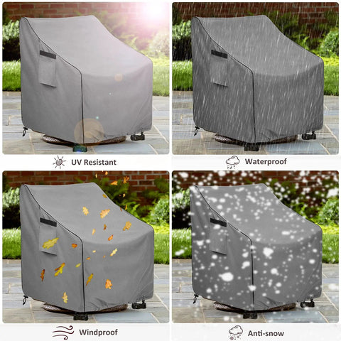 Outdoor Swivel Chair Covers 2 Pack, Waterproof Heavy Duty Patio Lounge Chair Covers, Fits Up To 30W X 34D X 38.5H, Gray, showing UV, waterproof, windproof, and snow protection features