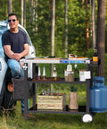 Outdoor Stainless Steel Grill Table 34 Inch Long By 20 Inch Wide With Magnetic Tool Holder, wheels, hooks, outdoor setting