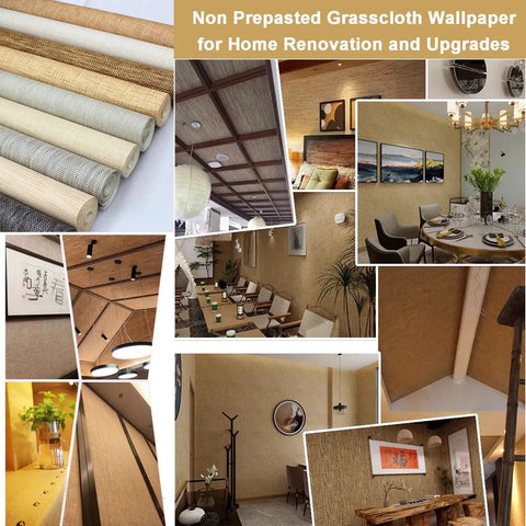 Real Deal Grasscloth Wallpaper Featuring Textured Woven Weave And Natural Plant Fiber Texture Sets Top Tier Decor Vibes For Any Room While Making Installation Dead Straight With Heavy Duty Non Prepasted Roll In Classic Beige showcasing various rolls and interior installations.