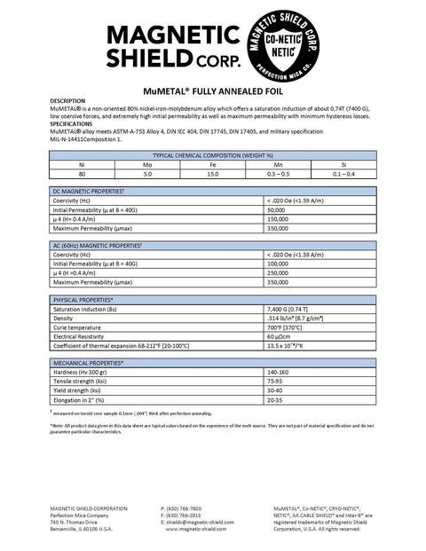 Flexible Magnetic Shielding Foil specifications sheet showing material composition and properties for electronic shielding use.