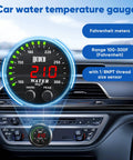 52mm Digital Water Temperature Gauge With Alarm for Cars, Trucks and Boats, 1/8 NPT Sensor, 12V/24V DC Power, Red Display With Green Ambient Light, 100-300F (38-150C), Plug and Play Ultra Accurate Auto Gauge, mounted in car dashboard