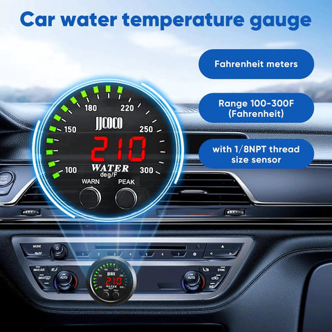 52mm Digital Water Temperature Gauge With Alarm for Cars, Trucks and Boats, 1/8 NPT Sensor, 12V/24V DC Power, Red Display With Green Ambient Light, 100-300F (38-150C), Plug and Play Ultra Accurate Auto Gauge, mounted in car dashboard