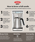 12 Cup Coffee Maker With Podless Single Serve Function In Silver showing brewing instructions and features in a step-by-step guide.