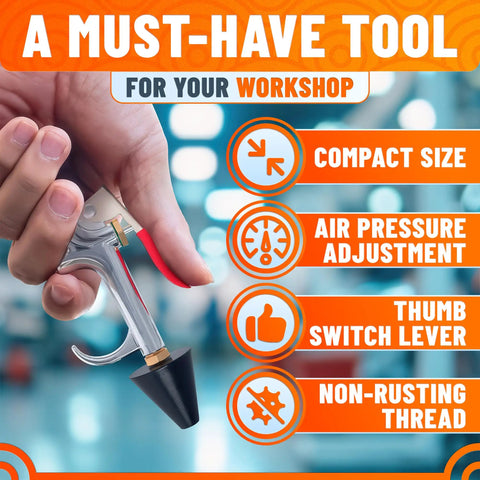 Badass Stainless Steel Air Nozzle Blow Gun For Compressor Systems High Pressure Dust Blaster With Five Point Three Inch Jet Tip Slick for tight spaces.
