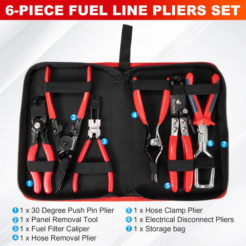 Six Piece Fuel Line Pliers Set For Auto Repair With Hose Clamp Pliers Panel Removal Tool Hose Removal Pliers in storage bag