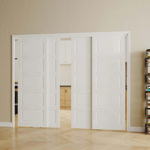 Five Panel Sliding Closet Door Kit With Track And Floor Guide No Fuss Install For 60 By 80 Inch Openings White MDF Doors