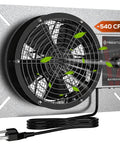 540 CFM IP55 Rated Crawlspace Ventilation Fan With Humidistat Thermostat And Isolation Mesh For Quick Air Exchange In Crawl Space Basement Garage Attic Or Grow Tent 8.7 Inch Exhaust Fan front view