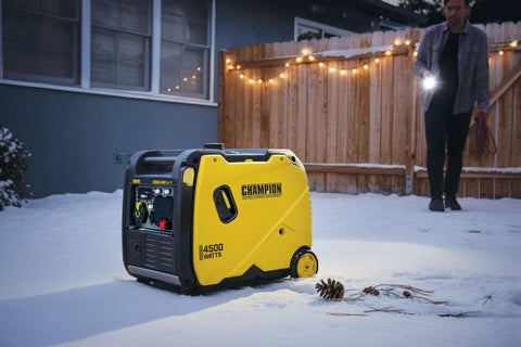 4500 Watt RV Ready Portable Inverter Generator With Crazy Quiet Technology in snowy backyard with string lights in background.