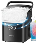 Nugget Ice Maker With Handle, 40 lbs per day, countertop ice maker ready in 5 minutes, filled with ice and next to a colorful drink
