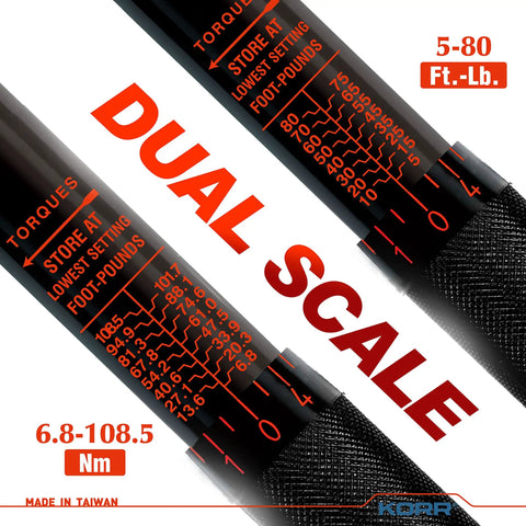 Close-up of dual scale on 3/8 Inch Drive Click Torque Wrench With 5-80 Ft-Lb Range, showing torque and Nm measurements.