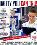 Quality assurance for Heavy Duty 10x20 Tarp Built Tough with focus on durability, featuring lab technician and testing equipment