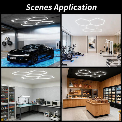 LED Hexagon Garage Light 156W 18720LM 6500K Daylight White Ceiling Lamp in various shop and workshop settings