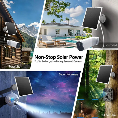 Outdoor Security Camera Solar Charger 6W Panel with USB C and Micro USB waterproof build mounted on various outdoor locations