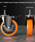 4 Inch Heavy Duty Caster Wheels Set Of 4 With Threaded Stem Half Inch Screw Diameter And One Inch Stem Length Each Caster Supports 500 Lbs For A Total Of 2000 Lbs Dual Locking Brakes Industrial Castors For Cart And Furniture, side and front view.