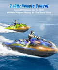 Two kids RC boats with LED lights racing on water, highlighting the Kids RC Boat With LED Lights, Self Righting Jet Ski, 2.4GHz Remote Control.