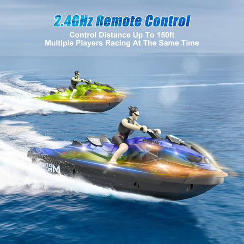 Two kids RC boats with LED lights racing on water, highlighting the Kids RC Boat With LED Lights, Self Righting Jet Ski, 2.4GHz Remote Control.