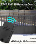Upgraded 318MHz Gate Opener Remote With 9 DIP Switches For Mighty Mule Systems in front of a closed gate, shown with signal icon.
