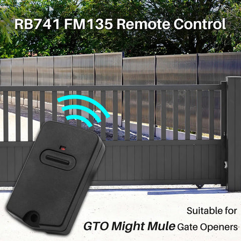 Upgraded 318MHz Gate Opener Remote With 9 DIP Switches For Mighty Mule Systems in front of a closed gate, shown with signal icon.