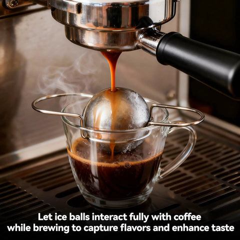 Two Pack Stainless Steel Espresso Cooling Balls For Coffee Chilling Reusable Espresso Cooler Balls To Lower Temperature Without Diluting Flavor Cuts Bitterness For Richer Espresso Machine Accessories shown in brewing setup
