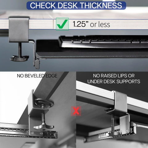Close-up of Under Desk Keyboard Tray With Pull Out Platform Extra Sturdy C Clamp Mount on 1.25 inch thick table edge.