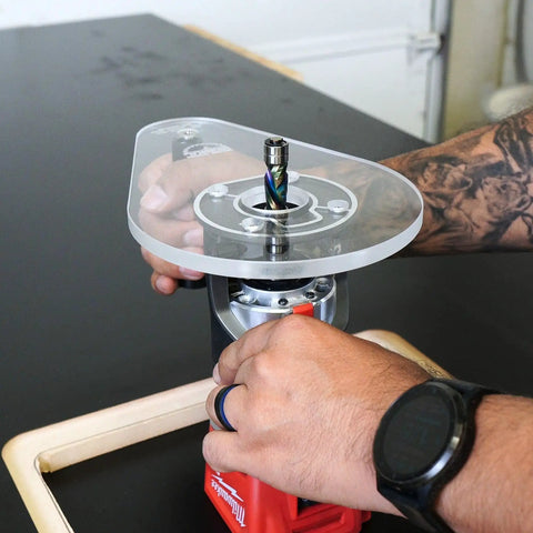 Dead Nuts Perfect Single Grip Router Base Plate For Milwaukee M18 Fuel Compact Router 2723 20 clear acrylic mounted on router.