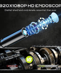 Cutaway view showing Pro Borescope Camera With Light, 4.3 Inch HD Screen, 1080P Handheld Endoscope lens and gear details.