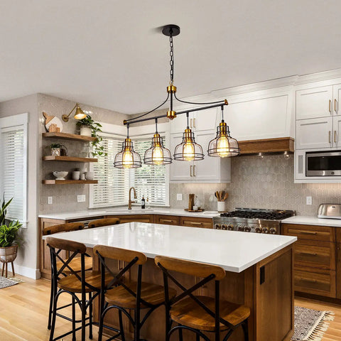 Rustic Lit 4 Light Pendant Lighting for Kitchen Island with clear glass shades in modern farmhouse black metal chandelier.