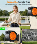 Woman using Retractable Garden Hose Reel With Auto Rewind For Outdoor Use, Wall Mounted Heavy Duty Hose Organizer, 100 Feet Of Half Inch Hose