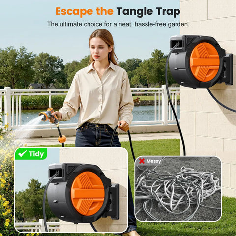 Woman using Retractable Garden Hose Reel With Auto Rewind For Outdoor Use, Wall Mounted Heavy Duty Hose Organizer, 100 Feet Of Half Inch Hose