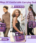 Three women demonstrating carrying options for Ultimate Beginner Crochet Kit For Adults With 9 Soft-Handle Hooks, Yarn, Crochet Bag.